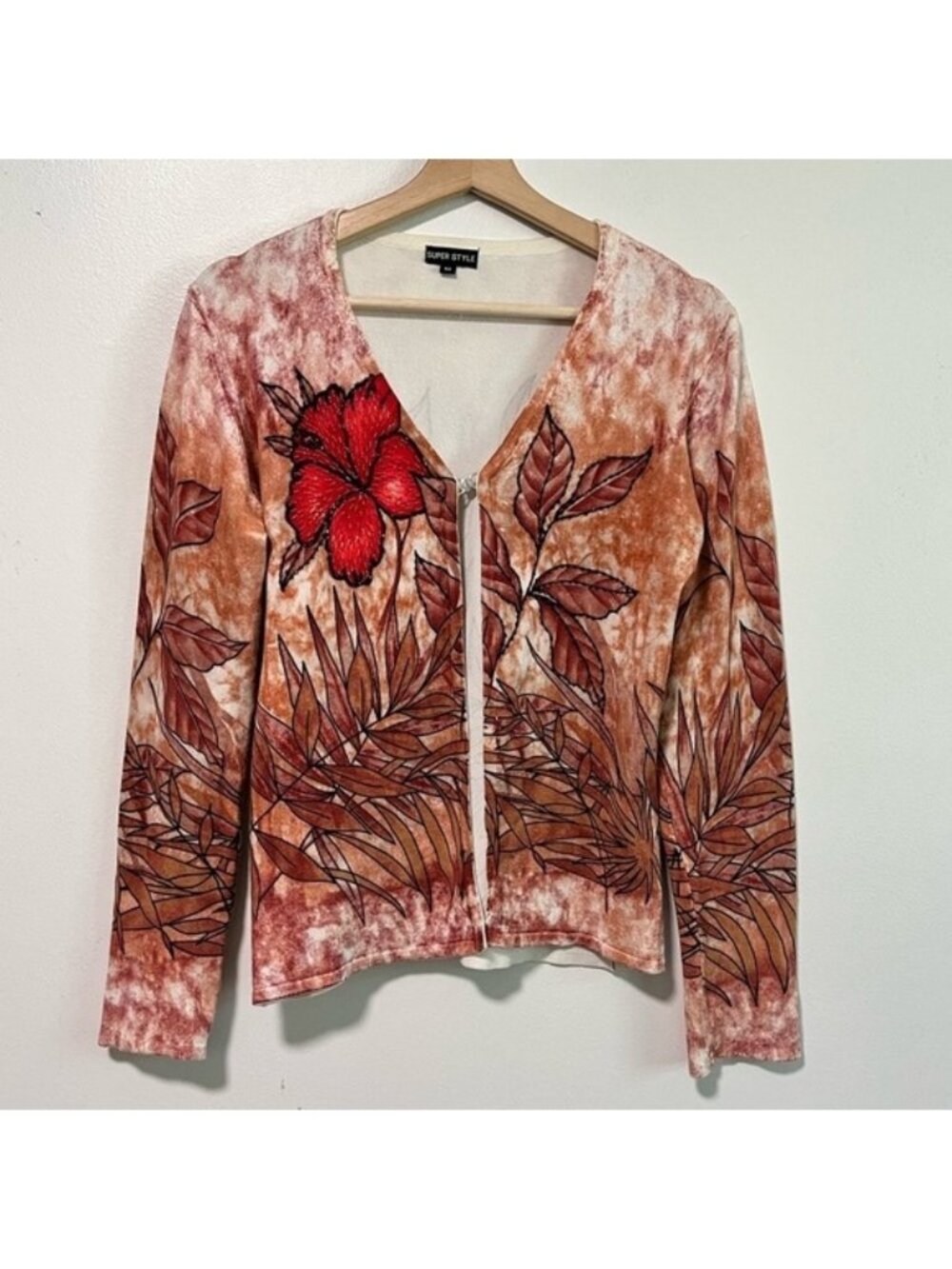 Super Style Women’s Floral Embroidered Tie-Dye Cardigan Size Medium